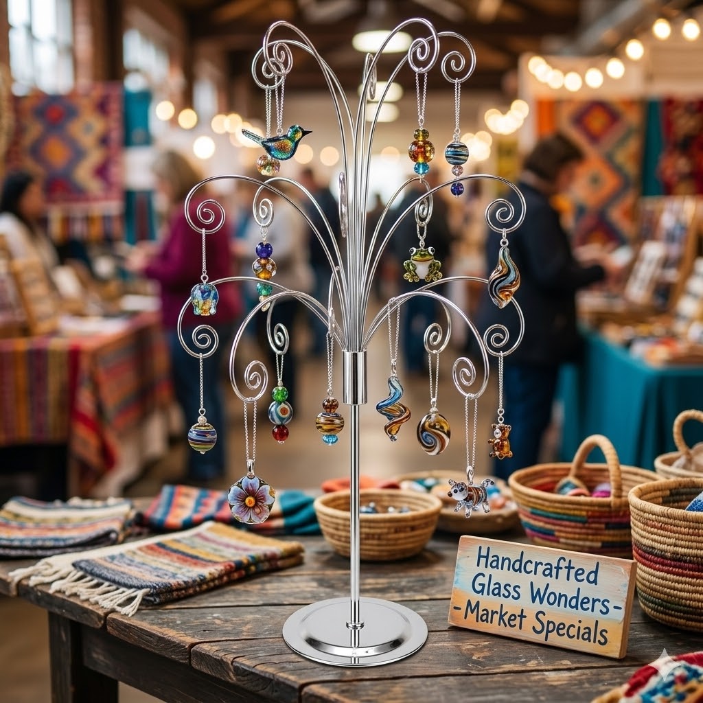 HOHIYA 20 Inch Tabletop Ornament Display Tree Metal Christmas Tree Stand for Desk & Mantel Small Jewelry Tower with Hooks Perfect Holiday Gift Chrome Silver